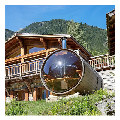 Jardin en bois massif vue panoramique Sauna extérieur en fût avec poêle à bois