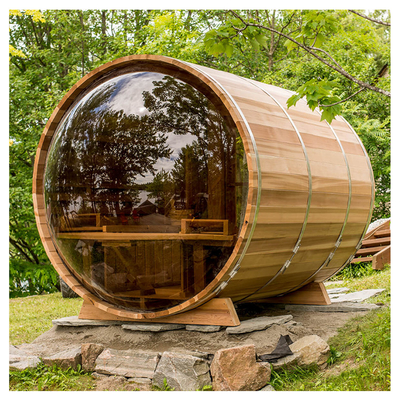 fenêtre panoramique sauna à fût en bois de cèdre 6 personnes avec chauffage au bois