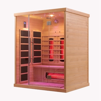 Sauna à couleur bois de luxe avec panneau de commande et éclairage LED