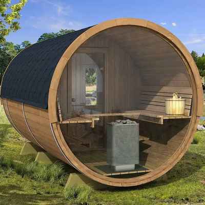 Vue panoramique bois massif fût à vapeur en extérieur sauna chauffe rapidement