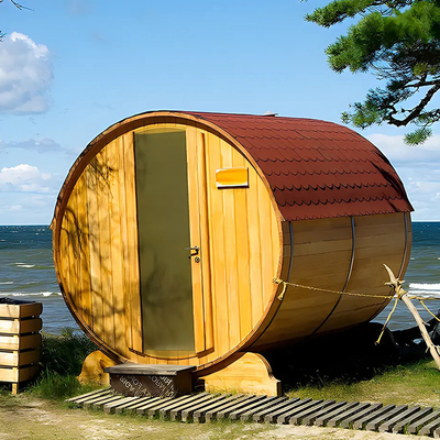 Jardin en bois massif vue panoramique Sauna extérieur en fût avec poêle à bois