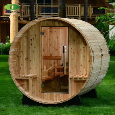 Sauna extérieur pour 5 personnes, chauffage au cèdre canadien, sauna à fût en bois avec porche.