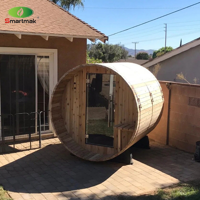 Sauna extérieur pour 5 personnes, chauffage au cèdre canadien, sauna à fût en bois avec porche.