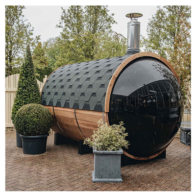 fenêtre panoramique sauna à fût en bois de cèdre 6 personnes avec chauffage au bois