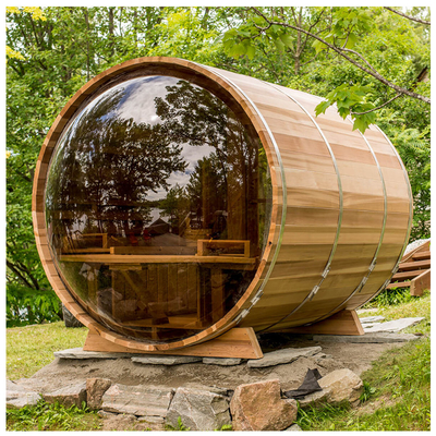 Sauna en fût extérieur avec fenêtre panoramique
