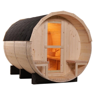 Sauna à baril pour 6 personnes avec chauffage au poêle de 6 kW 8 mm Porte en verre trempé Couleur bois 15-99 MIN Timer